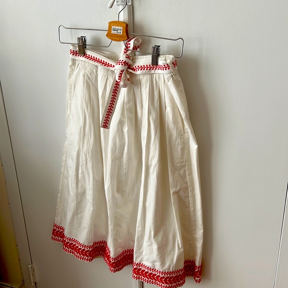 White and orange embroidered belted JCrew skirt
